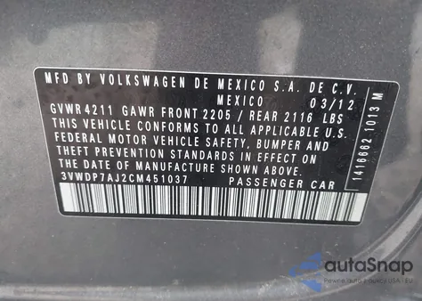 2012 Volkswagen Jetta 2.5L Se z USA, uszkodzony, nr VIN 3VWDP7AJ2CM451037